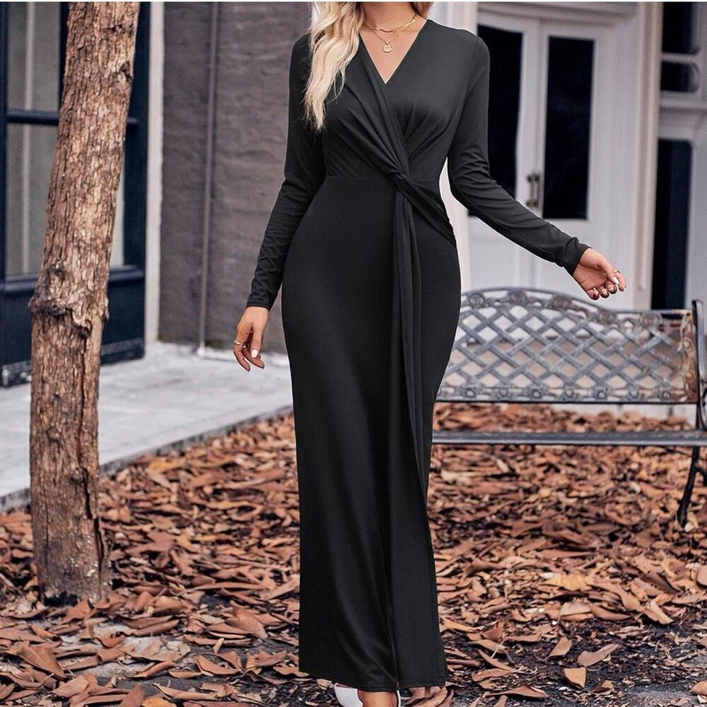 Halara Black Long Sleeve V Neck Twist Front Maxi Dress Back Slit Size Xs Nwt